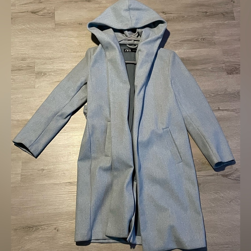 Zara light Blue Hooded belt Coat